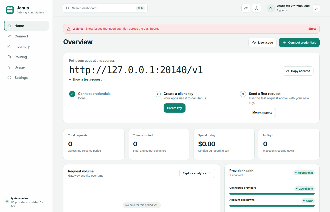 Home overview with endpoint card and setup checklist